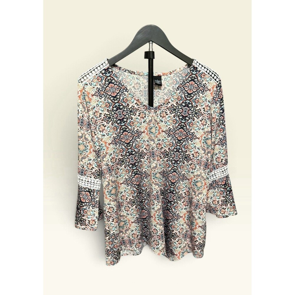 New Directions L Large Bohemian Paisley Bell Sleeve Tunic Top Crochet Trim